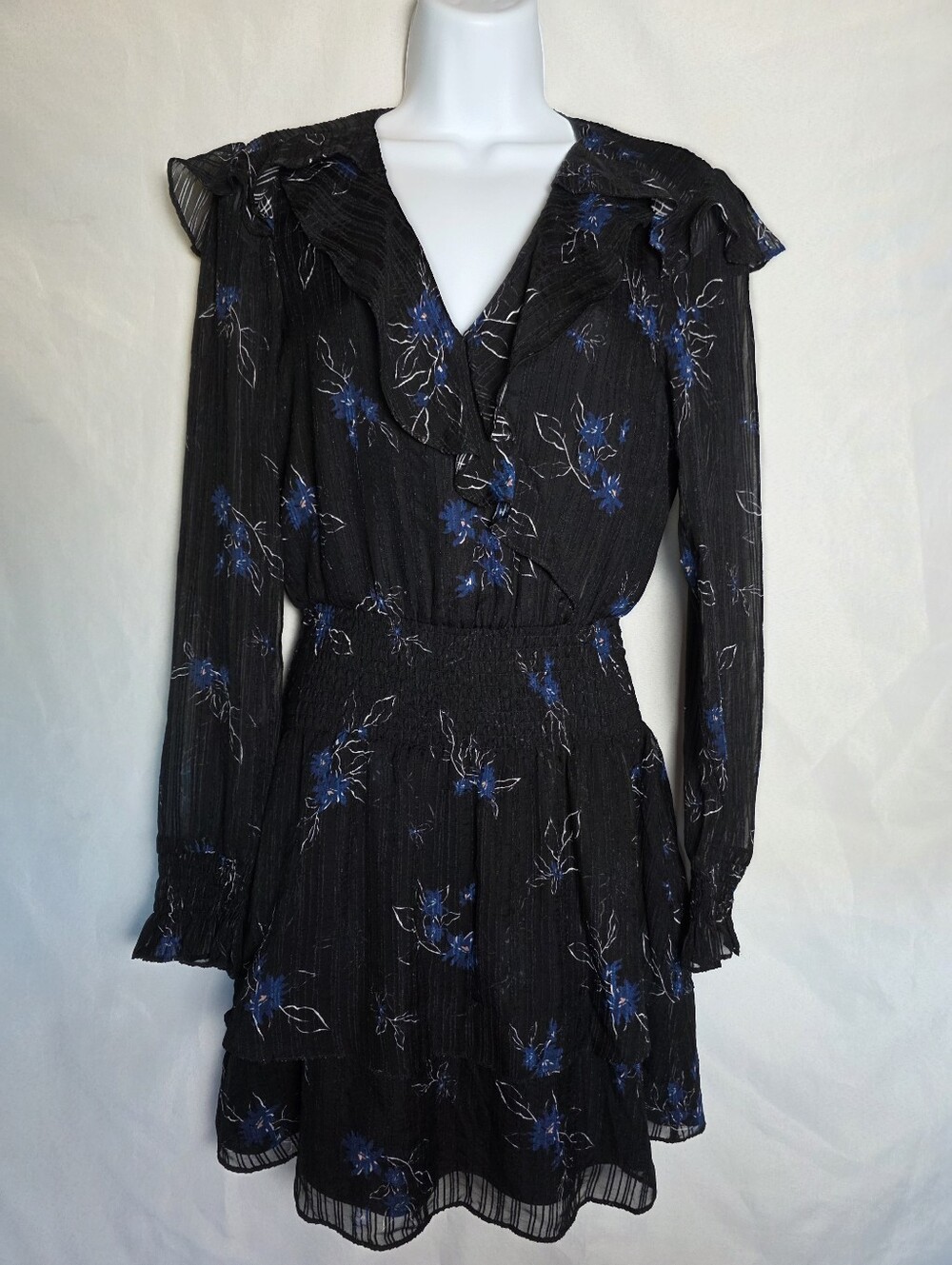 Parker Silk Blend Whimsigoth Black Blue Floral LongSleeve Mini Dress XS